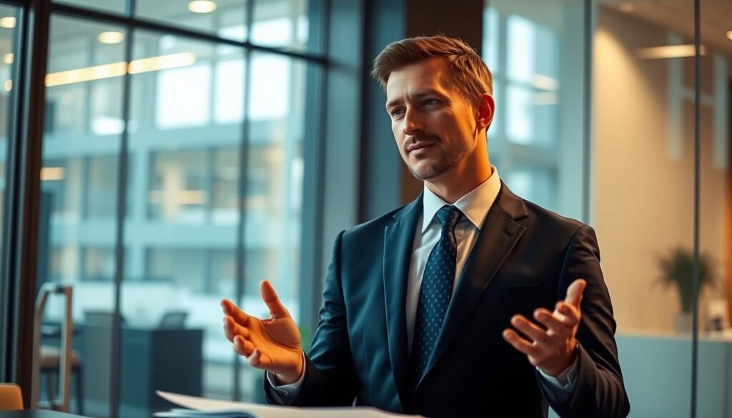 A financial advisor standing confidently in a modern office, wearing a sharp suit and tie, surrounded by a sleek glass and steel environment. The agent is engaged in a thoughtful conversation, gesturing with their hands as they review financial documents on a desk. Warm, directional lighting illuminates their face, creating a sense of authority and expertise. The background is slightly blurred, allowing the viewer to focus on the agent's composed and professional demeanor. The scene conveys a sense of trustworthiness, reliability, and the agent's ability to provide sound financial guidance. A financial advisor standing confidently in a modern office, wearing a sharp suit and tie, surrounded by a sleek glass and steel environment. The agent is engaged in a thoughtful conversation, gesturing with their hands as they review financial documents on a desk. Warm, directional lighting illuminates their face, creating a sense of authority and expertise. The background is slightly blurred, allowing the viewer to focus on the agent's composed and professional demeanor. The scene conveys a sense of trustworthiness, reliability, and the agent's ability to provide sound financial guidance.