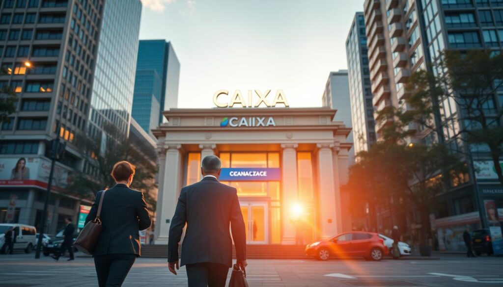 A financial institution building with the "CAIXA" logo prominently displayed, set against a backdrop of a bustling urban landscape. The building is illuminated by warm, golden sunlight, casting a welcoming glow. In the foreground, well-dressed individuals stride purposefully, symbolizing the importance of this financial institution in the daily lives of the community. The composition emphasizes the accessibility and centrality of the CAIXA financing services, conveying a sense of security and stability. The overall mood is one of professionalism, reliability, and the empowerment of individuals through financial services. A financial institution building with the "CAIXA" logo prominently displayed, set against a backdrop of a bustling urban landscape. The building is illuminated by warm, golden sunlight, casting a welcoming glow. In the foreground, well-dressed individuals stride purposefully, symbolizing the importance of this financial institution in the daily lives of the community. The composition emphasizes the accessibility and centrality of the CAIXA financing services, conveying a sense of security and stability. The overall mood is one of professionalism, reliability, and the empowerment of individuals through financial services.