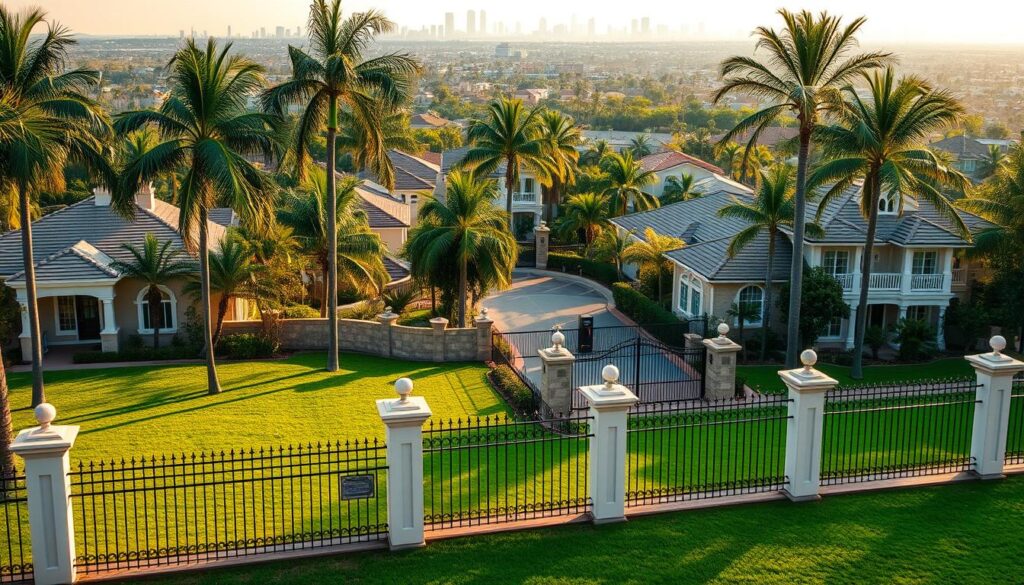 A gated community nestled in a lush, verdant landscape. Manicured lawns and towering palm trees frame a collection of elegant, modern homes with clean lines and sleek facades. In the foreground, a well-maintained perimeter wall topped with wrought-iron fencing and discreet security cameras, conveying a sense of privacy and exclusivity. The middle ground features a grand, ornate gate flanked by stone pillars, guarded by a security checkpoint. The background depicts a bustling city skyline, hinting at the vibrant urban center just beyond the community's boundaries. Warm, golden light filters through, casting a serene, affluent atmosphere. A gated community nestled in a lush, verdant landscape. Manicured lawns and towering palm trees frame a collection of elegant, modern homes with clean lines and sleek facades. In the foreground, a well-maintained perimeter wall topped with wrought-iron fencing and discreet security cameras, conveying a sense of privacy and exclusivity. The middle ground features a grand, ornate gate flanked by stone pillars, guarded by a security checkpoint. The background depicts a bustling city skyline, hinting at the vibrant urban center just beyond the community's boundaries. Warm, golden light filters through, casting a serene, affluent atmosphere.