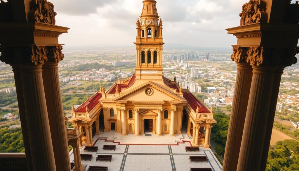 A grand cathedral with a towering facade, the Basílica Menor Senhora da Glória stands as an iconic landmark in Maringá. Bathed in warm, golden light, its intricate Neoclassical architecture commands attention, with ornate columns, intricate carvings, and a majestic bell tower reaching towards the sky. The interior is filled with ornate details, from the gleaming marble floors to the ornate altars and stained-glass windows that cast a soft, ethereal glow throughout the space. From the observation deck, sweeping vistas of the city's verdant landscape and modern skyline come into view, creating a breathtaking panorama that captures the harmony between the historic and the contemporary. A grand cathedral with a towering facade, the Basílica Menor Senhora da Glória stands as an iconic landmark in Maringá. Bathed in warm, golden light, its intricate Neoclassical architecture commands attention, with ornate columns, intricate carvings, and a majestic bell tower reaching towards the sky. The interior is filled with ornate details, from the gleaming marble floors to the ornate altars and stained-glass windows that cast a soft, ethereal glow throughout the space. From the observation deck, sweeping vistas of the city's verdant landscape and modern skyline come into view, creating a breathtaking panorama that captures the harmony between the historic and the contemporary.