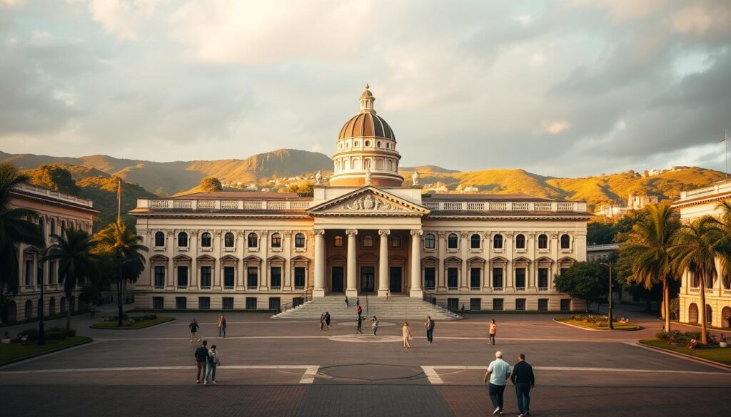 A grand, majestic building housing the Brazilian legislative body, with ornate columns, arched windows, and a grand central dome. The scene is captured in a warm, golden afternoon light, casting long shadows and highlighting the intricate architectural details. The foreground features a wide, paved plaza with people going about their business, while the middle ground showcases the impressive façade and main entrance. In the background, a lush, verdant landscape with rolling hills and a cloudy sky sets the stage for this seat of Brazilian law and governance. A grand, majestic building housing the Brazilian legislative body, with ornate columns, arched windows, and a grand central dome. The scene is captured in a warm, golden afternoon light, casting long shadows and highlighting the intricate architectural details. The foreground features a wide, paved plaza with people going about their business, while the middle ground showcases the impressive façade and main entrance. In the background, a lush, verdant landscape with rolling hills and a cloudy sky sets the stage for this seat of Brazilian law and governance.