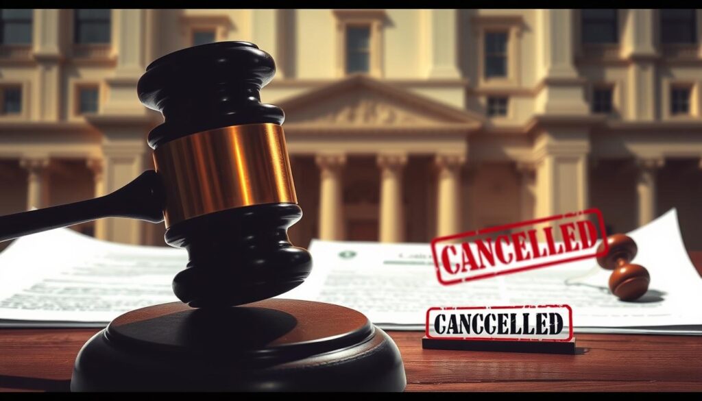 A high-contrast, cinematic illustration depicting the legal process of cancelling a property's unavailability or encumbrance. In the foreground, a judicial gavel slams down decisively, casting dramatic shadows. In the middle ground, official documents and a rubber stamp denoting "CANCELLED" are prominently featured. The background blurs into an abstract, geometric pattern of architectural elements, suggesting the legal and administrative machinery involved. Lighting is dramatic, with deep shadows and highlights accentuating the gravity of the subject matter. The overall tone is one of authority, finality, and the decisive resolution of a complex legal matter. A high-contrast, cinematic illustration depicting the legal process of cancelling a property's unavailability or encumbrance. In the foreground, a judicial gavel slams down decisively, casting dramatic shadows. In the middle ground, official documents and a rubber stamp denoting "CANCELLED" are prominently featured. The background blurs into an abstract, geometric pattern of architectural elements, suggesting the legal and administrative machinery involved. Lighting is dramatic, with deep shadows and highlights accentuating the gravity of the subject matter. The overall tone is one of authority, finality, and the decisive resolution of a complex legal matter.