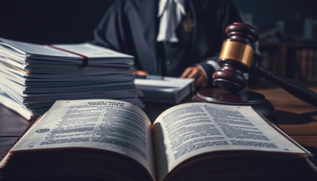 A high-contrast, dramatic scene depicting the "Lei do Inquilinato e Código Civil", the legal framework governing tenant-landlord relations in Brazil. In the foreground, a weathered, leather-bound book lies open, its pages casting soft shadows. Behind it, a stack of official-looking documents, their pages detailed and precise. In the middle ground, a gavel and a judge's ceremonial robe, suggesting the judicial process involved in enforcing these laws. The background is a blurred cityscape, hinting at the real-world implications and applications of this legislation. The overall mood is one of authority, tradition, and the gravity of the legal system. Lighting is dramatic, with harsh shadows and highlights creating a sense of weight and importance. A high-contrast, dramatic scene depicting the "Lei do Inquilinato e Código Civil", the legal framework governing tenant-landlord relations in Brazil. In the foreground, a weathered, leather-bound book lies open, its pages casting soft shadows. Behind it, a stack of official-looking documents, their pages detailed and precise. In the middle ground, a gavel and a judge's ceremonial robe, suggesting the judicial process involved in enforcing these laws. The background is a blurred cityscape, hinting at the real-world implications and applications of this legislation. The overall mood is one of authority, tradition, and the gravity of the legal system. Lighting is dramatic, with harsh shadows and highlights creating a sense of weight and importance.