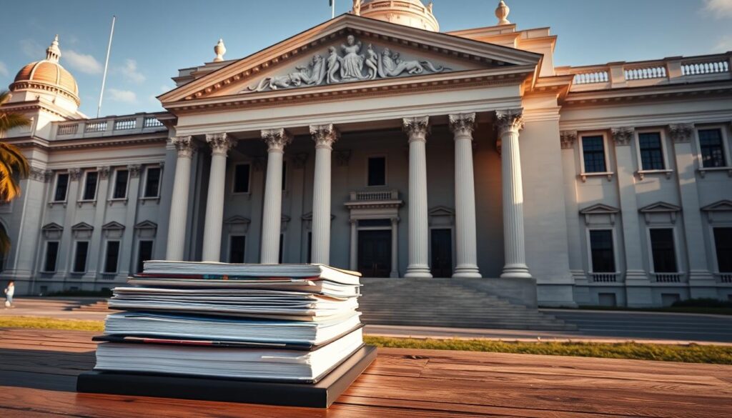 A high-contrast, wide-angle shot of a large, ornate government building with classical architectural elements such as columns, pediments, and domes. The facade is made of white marble or limestone, casting long shadows in the late afternoon sun. In the foreground, a stack of law books and documents sits on a wooden table, symbolizing the legal framework underpinning the concept of asset unavailability. The image conveys a sense of authority, formality, and the weight of Brazilian legislation. A high-contrast, wide-angle shot of a large, ornate government building with classical architectural elements such as columns, pediments, and domes. The facade is made of white marble or limestone, casting long shadows in the late afternoon sun. In the foreground, a stack of law books and documents sits on a wooden table, symbolizing the legal framework underpinning the concept of asset unavailability. The image conveys a sense of authority, formality, and the weight of Brazilian legislation.