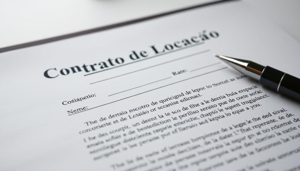 A high-quality, detailed close-up view of a legal rental contract document, with carefully arranged pages and sections showcasing the key components such as the title "Contrato de Locação", the date, the parties involved, and the terms and conditions. The image should have a professional, official aesthetic, with muted lighting and a shallow depth of field to focus the viewer's attention on the contractual details. Capture the document from a slightly elevated angle to convey a sense of authority and importance, with a clean, minimalist background that does not distract from the central subject matter. A high-quality, detailed close-up view of a legal rental contract document, with carefully arranged pages and sections showcasing the key components such as the title "Contrato de Locação", the date, the parties involved, and the terms and conditions. The image should have a professional, official aesthetic, with muted lighting and a shallow depth of field to focus the viewer's attention on the contractual details. Capture the document from a slightly elevated angle to convey a sense of authority and importance, with a clean, minimalist background that does not distract from the central subject matter.