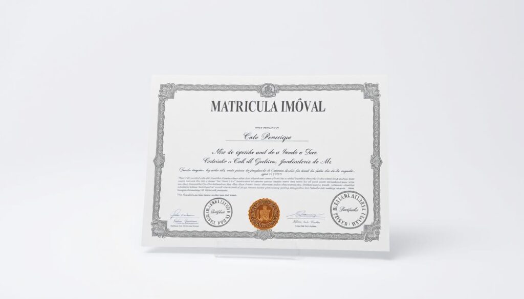 A high-resolution, detailed image of a real estate property deed or certificate, known as a "matrícula imóvel" in Portuguese. The document is displayed against a clean, minimalist background, evenly lit from the top to showcase its intricate textures and official seals. The matrícula is centered in the frame, slightly angled to provide depth and visual interest. The document appears crisp, well-preserved, and professionally photographed, conveying a sense of importance and legal authority surrounding real estate ownership. A high-resolution, detailed image of a real estate property deed or certificate, known as a "matrícula imóvel" in Portuguese. The document is displayed against a clean, minimalist background, evenly lit from the top to showcase its intricate textures and official seals. The matrícula is centered in the frame, slightly angled to provide depth and visual interest. The document appears crisp, well-preserved, and professionally photographed, conveying a sense of importance and legal authority surrounding real estate ownership.