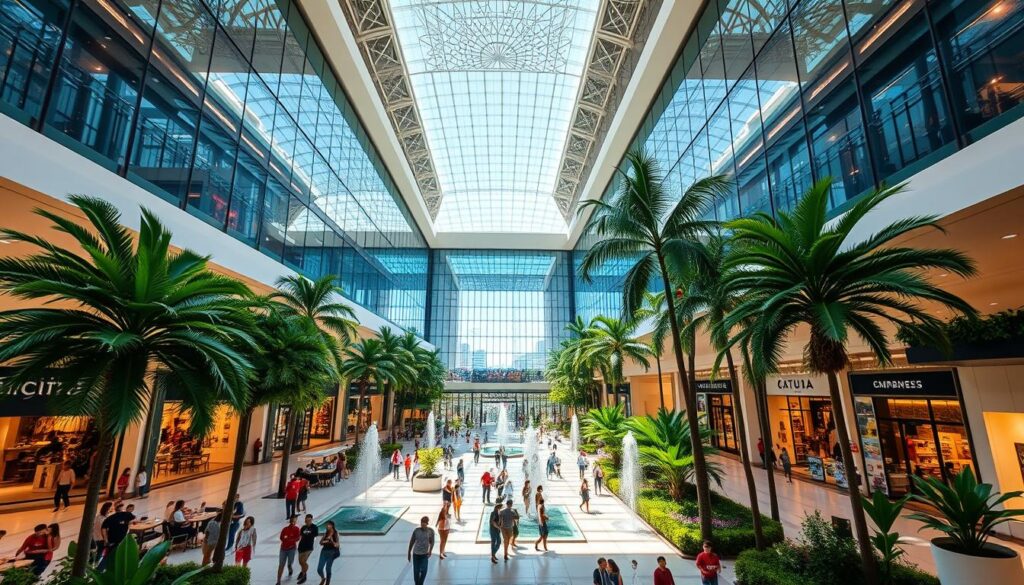 A large, modern shopping mall nestled in the heart of Maringá, Brazil. The Catuaí Shopping Maringá stands tall, its sleek glass facade reflecting the vibrant blue sky above. The entrance is framed by lush tropical foliage, inviting visitors to explore the diverse array of shops and restaurants within. Sunlight pours in through the skylights, illuminating the bustling atrium where people browse, dine, and socialize. The interior is a harmonious blend of contemporary architecture and natural elements, creating a warm and inviting atmosphere. Shoppers stroll along the polished floors, passing by elegant fountains and verdant indoor gardens. Overhead, the ceiling is adorned with intricate lighting fixtures that cast a soft, ambient glow. This is a destination that seamlessly combines modern convenience with a touch of natural beauty, making it a true gem in the heart of Maringá. A large, modern shopping mall nestled in the heart of Maringá, Brazil. The Catuaí Shopping Maringá stands tall, its sleek glass facade reflecting the vibrant blue sky above. The entrance is framed by lush tropical foliage, inviting visitors to explore the diverse array of shops and restaurants within. Sunlight pours in through the skylights, illuminating the bustling atrium where people browse, dine, and socialize. The interior is a harmonious blend of contemporary architecture and natural elements, creating a warm and inviting atmosphere. Shoppers stroll along the polished floors, passing by elegant fountains and verdant indoor gardens. Overhead, the ceiling is adorned with intricate lighting fixtures that cast a soft, ambient glow. This is a destination that seamlessly combines modern convenience with a touch of natural beauty, making it a true gem in the heart of Maringá.