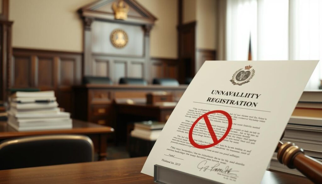 A legal document signifying the unavailability of a property's registration, set against a backdrop of a government office or courthouse. The document takes center stage, its official seal and text rendered in high detail. The environment is formal, with a sense of institutional gravity - wooden desks, stacks of files, and muted lighting create a hushed, serious atmosphere. The overall scene conveys the weight and significance of this legal declaration, underscoring its impact on the property's status. A legal document signifying the unavailability of a property's registration, set against a backdrop of a government office or courthouse. The document takes center stage, its official seal and text rendered in high detail. The environment is formal, with a sense of institutional gravity - wooden desks, stacks of files, and muted lighting create a hushed, serious atmosphere. The overall scene conveys the weight and significance of this legal declaration, underscoring its impact on the property's status.