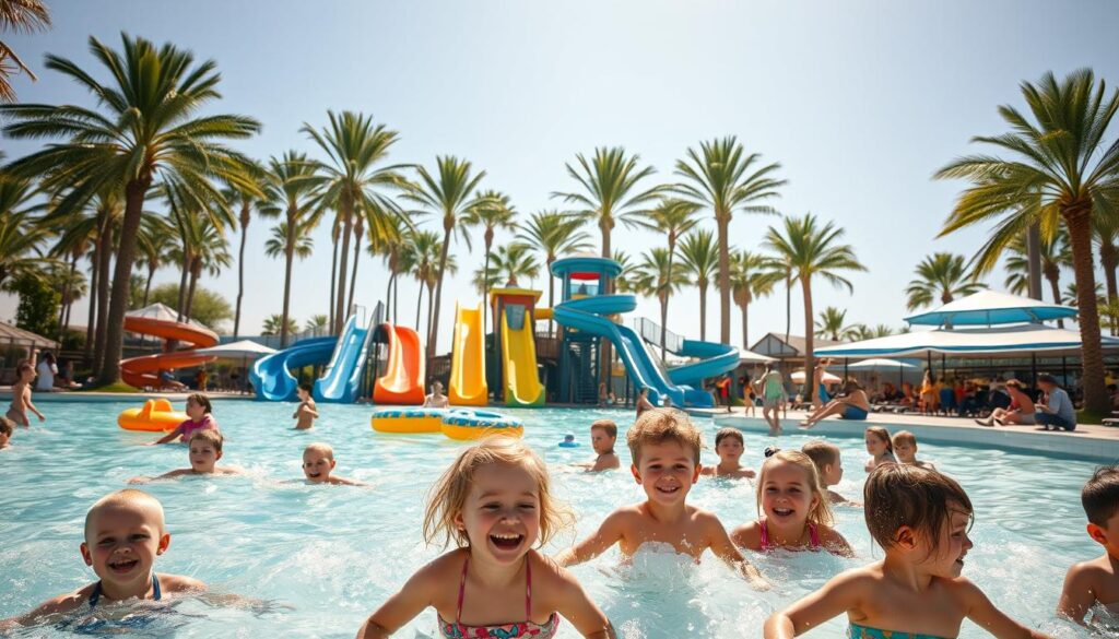 A lively outdoor water park scene, bathed in warm, golden sunlight. In the foreground, children happily splash and play in a large, crystal-clear pool, their joyful laughter filling the air. Gently sloping waterslides and brightly colored inflatable toys dot the middle ground, inviting visitors of all ages to immerse themselves in the refreshing waters. In the background, towering palm trees sway gently, creating a serene, tropical ambiance, while families relax on lounge chairs or picnic under shaded cabanas. The overall atmosphere is one of pure summertime bliss and family-friendly fun. A lively outdoor water park scene, bathed in warm, golden sunlight. In the foreground, children happily splash and play in a large, crystal-clear pool, their joyful laughter filling the air. Gently sloping waterslides and brightly colored inflatable toys dot the middle ground, inviting visitors of all ages to immerse themselves in the refreshing waters. In the background, towering palm trees sway gently, creating a serene, tropical ambiance, while families relax on lounge chairs or picnic under shaded cabanas. The overall atmosphere is one of pure summertime bliss and family-friendly fun.