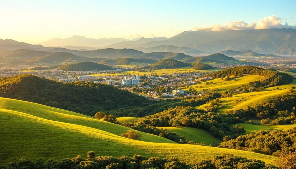 A lush, rolling landscape of the northern region of Paraná, Brazil. In the foreground, a verdant expanse of rolling hills and fertile farmland, dotted with patches of forest. In the middle ground, the bustling city of Maringá comes into view, its modern architecture and tree-lined avenues nestled among the natural surroundings. The background features the towering silhouettes of the Serra do Mar mountain range, their peaks capped with wispy clouds, casting long shadows over the scene. The warm, golden light of the afternoon sun bathes the landscape, creating a sense of tranquility and natural abundance. The composition highlights Maringá's strategic location, situated at the heart of this picturesque northern Paraná region. A lush, rolling landscape of the northern region of Paraná, Brazil. In the foreground, a verdant expanse of rolling hills and fertile farmland, dotted with patches of forest. In the middle ground, the bustling city of Maringá comes into view, its modern architecture and tree-lined avenues nestled among the natural surroundings. The background features the towering silhouettes of the Serra do Mar mountain range, their peaks capped with wispy clouds, casting long shadows over the scene. The warm, golden light of the afternoon sun bathes the landscape, creating a sense of tranquility and natural abundance. The composition highlights Maringá's strategic location, situated at the heart of this picturesque northern Paraná region.