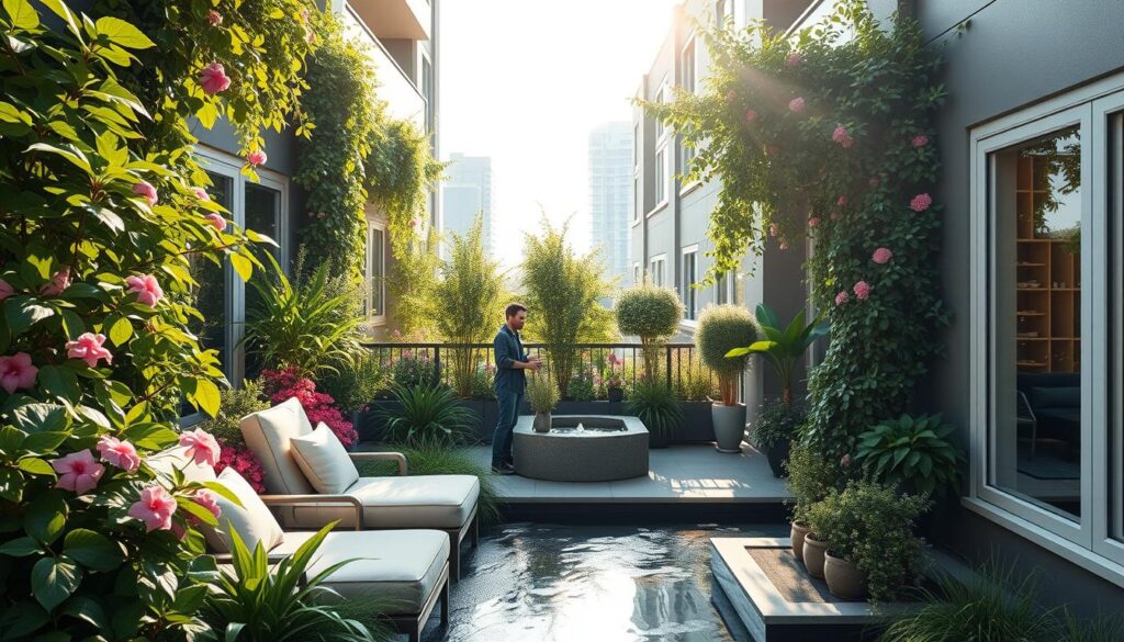 A lush, sun-dappled garden oasis nestled within the confines of a modern apartment building. Verdant foliage and vibrant blooms cascade over the balcony's edge, creating a serene, nature-inspired sanctuary. Plush lounge chairs and a tranquil water feature invite residents to unwind and reconnect with the outdoors. Soft natural light filters through large windows, casting a warm glow and accentuating the interplay of textures. The overall atmosphere evokes a sense of urban retreat, where the comforts of home seamlessly blend with the rejuvenating power of a private green space. A lush, sun-dappled garden oasis nestled within the confines of a modern apartment building. Verdant foliage and vibrant blooms cascade over the balcony's edge, creating a serene, nature-inspired sanctuary. Plush lounge chairs and a tranquil water feature invite residents to unwind and reconnect with the outdoors. Soft natural light filters through large windows, casting a warm glow and accentuating the interplay of textures. The overall atmosphere evokes a sense of urban retreat, where the comforts of home seamlessly blend with the rejuvenating power of a private green space.