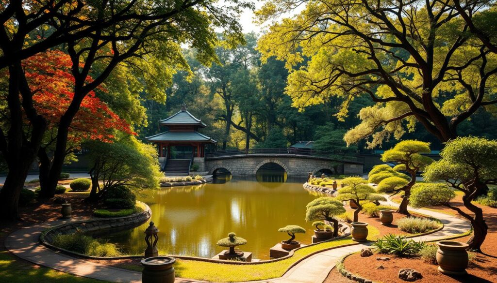 A lush, tranquil garden nestled in the heart of Maringá, Brazil. Towering Japanese maples cast dappled shadows across a serene koi pond, its placid waters reflecting the pagoda-style pavilion nearby. In the foreground, stone lanterns and carefully pruned bonsai trees line winding paths, inviting visitors to immerse themselves in the serene ambiance. The middle ground features a traditional arched bridge spanning the pond, while in the distance, the verdant canopy of ancient trees creates a serene, secluded atmosphere. Warm, golden sunlight filters through the foliage, adding a sense of timeless beauty to this iconic Japanese-inspired public garden, a true oasis of tranquility in the bustling city. A lush, tranquil garden nestled in the heart of Maringá, Brazil. Towering Japanese maples cast dappled shadows across a serene koi pond, its placid waters reflecting the pagoda-style pavilion nearby. In the foreground, stone lanterns and carefully pruned bonsai trees line winding paths, inviting visitors to immerse themselves in the serene ambiance. The middle ground features a traditional arched bridge spanning the pond, while in the distance, the verdant canopy of ancient trees creates a serene, secluded atmosphere. Warm, golden sunlight filters through the foliage, adding a sense of timeless beauty to this iconic Japanese-inspired public garden, a true oasis of tranquility in the bustling city.