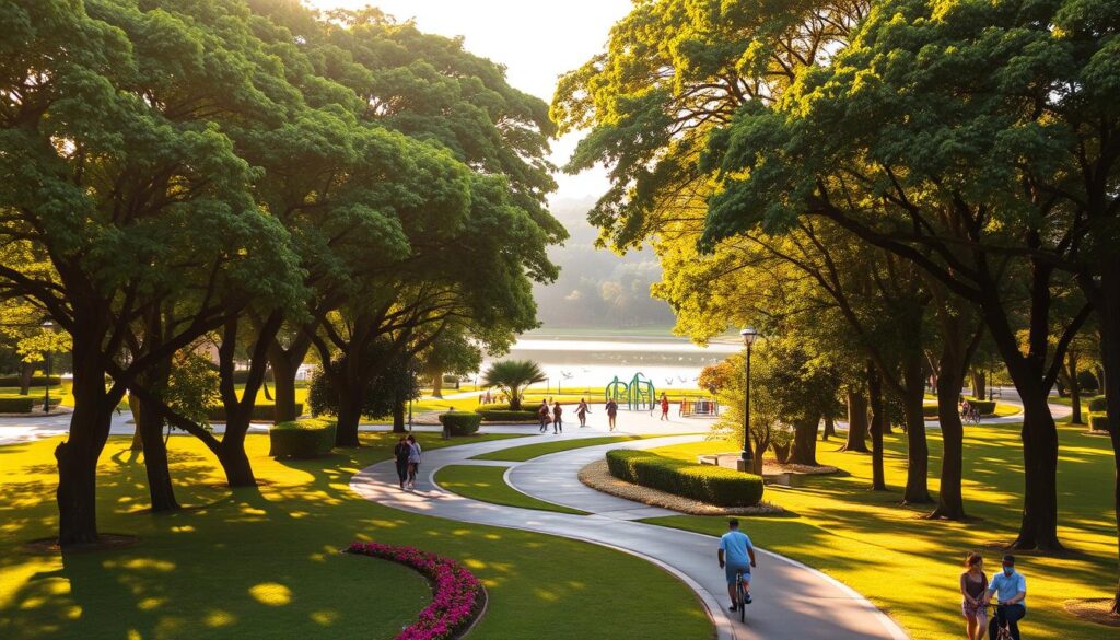 A lush, verdant city park in Maringá, Paraná, bathed in warm, golden afternoon sunlight. Vibrant green canopies of towering trees cast dappled shadows across a winding path, flanked by well-manicured lawns and serene flowerbeds. In the middle distance, a tranquil lake reflects the surrounding foliage, its glassy surface occasionally disturbed by the gentle movement of waterfowl. Families stroll leisurely, children play on playgrounds, joggers and cyclists weave through the picturesque scenery, all immersed in the peaceful ambiance of this urban oasis. A lush, verdant city park in Maringá, Paraná, bathed in warm, golden afternoon sunlight. Vibrant green canopies of towering trees cast dappled shadows across a winding path, flanked by well-manicured lawns and serene flowerbeds. In the middle distance, a tranquil lake reflects the surrounding foliage, its glassy surface occasionally disturbed by the gentle movement of waterfowl. Families stroll leisurely, children play on playgrounds, joggers and cyclists weave through the picturesque scenery, all immersed in the peaceful ambiance of this urban oasis.