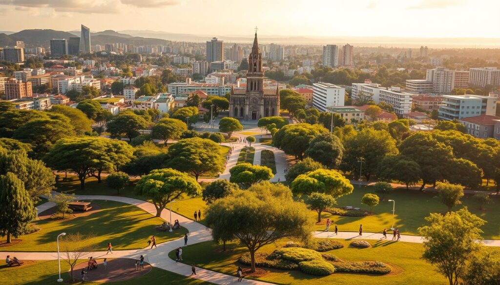 A lush, verdant cityscape of Maringá, Brazil, bathed in warm, golden sunlight. In the foreground, a vibrant public park teeming with families enjoying leisure activities - children playing on modern playgrounds, joggers traversing well-maintained paths, and people relaxing on benches surrounded by meticulously landscaped gardens. The middle ground reveals the city's skyline, a harmonious blend of high-rise residential and commercial buildings interspersed with pockets of greenery, conveying a sense of balanced urban development. In the background, the iconic Catedral Basílica Menor de Maringá stands tall, its Neo-Gothic architecture a testament to the city's rich cultural heritage. An overall atmosphere of tranquility, prosperity, and a high quality of life permeates the scene. A lush, verdant cityscape of Maringá, Brazil, bathed in warm, golden sunlight. In the foreground, a vibrant public park teeming with families enjoying leisure activities - children playing on modern playgrounds, joggers traversing well-maintained paths, and people relaxing on benches surrounded by meticulously landscaped gardens. The middle ground reveals the city's skyline, a harmonious blend of high-rise residential and commercial buildings interspersed with pockets of greenery, conveying a sense of balanced urban development. In the background, the iconic Catedral Basílica Menor de Maringá stands tall, its Neo-Gothic architecture a testament to the city's rich cultural heritage. An overall atmosphere of tranquility, prosperity, and a high quality of life permeates the scene.