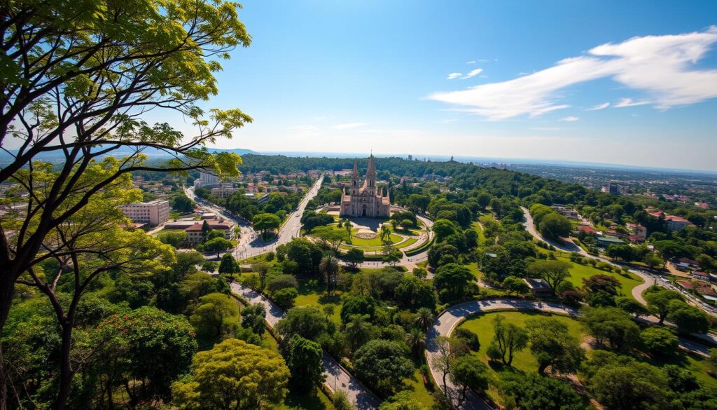 A lush, verdant cityscape of Maringá, the "Green City" of Paraná, Brazil. In the foreground, a bustling urban landscape dotted with towering trees, their branches reaching up to a bright, sun-dappled sky. Winding avenues lined with vibrant greenery and colorful blooms lead the eye towards the city's iconic landmarks, such as the striking Cathedral of Saint Mary. In the middle ground, the landscape blends seamlessly with pockets of tranquil parks and gardens, where residents and visitors alike can find respite and rejuvenation. The background is dominated by rolling hills and a distant horizon, creating a sense of harmony between the natural and built environments. Captured with a wide-angle lens, the image conveys the essence of Maringá as a lush, livable city that celebrates its verdant identity. A lush, verdant cityscape of Maringá, the "Green City" of Paraná, Brazil. In the foreground, a bustling urban landscape dotted with towering trees, their branches reaching up to a bright, sun-dappled sky. Winding avenues lined with vibrant greenery and colorful blooms lead the eye towards the city's iconic landmarks, such as the striking Cathedral of Saint Mary. In the middle ground, the landscape blends seamlessly with pockets of tranquil parks and gardens, where residents and visitors alike can find respite and rejuvenation. The background is dominated by rolling hills and a distant horizon, creating a sense of harmony between the natural and built environments. Captured with a wide-angle lens, the image conveys the essence of Maringá as a lush, livable city that celebrates its verdant identity.