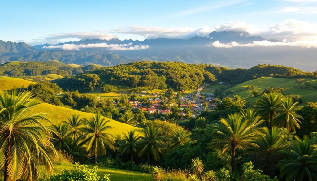 A lush, verdant landscape in the heart of Paraná, Brazil, showcasing the vibrant beauty of Porto Rico. In the foreground, rolling hills dotted with verdant, swaying palm trees and vibrant tropical foliage. In the middle ground, a charming rural town with traditional architecture, nestled among the greenery. In the background, majestic mountains rise, their peaks shrouded in wispy clouds. The scene is bathed in warm, golden sunlight, creating a serene and inviting atmosphere. The image captures the idyllic rural setting, hinting at the potential for investment and growth in this picturesque region. A lush, verdant landscape in the heart of Paraná, Brazil, showcasing the vibrant beauty of Porto Rico. In the foreground, rolling hills dotted with verdant, swaying palm trees and vibrant tropical foliage. In the middle ground, a charming rural town with traditional architecture, nestled among the greenery. In the background, majestic mountains rise, their peaks shrouded in wispy clouds. The scene is bathed in warm, golden sunlight, creating a serene and inviting atmosphere. The image captures the idyllic rural setting, hinting at the potential for investment and growth in this picturesque region.