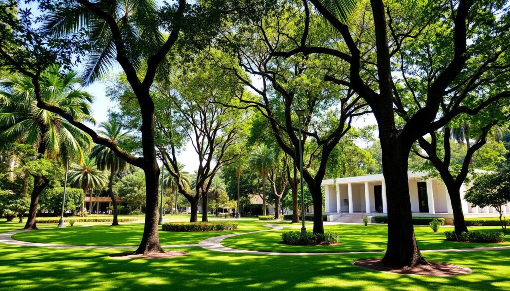A lush, verdant public park in the heart of Maringá, Parque Ingá showcases the city's commitment to urban planning and green spaces. Capture the tranquil scene of towering palm trees casting dappled shadows across a well-manicured lawn, with winding paths leading visitors through serene gardens. Angle the camera to showcase the park's iconic pavilion, a modernist architectural marvel with clean lines and large windows that let in natural light. Convey a sense of calm and harmony, reflecting Maringá's reputation as a planned, safe city with a high quality of life. A lush, verdant public park in the heart of Maringá, Parque Ingá showcases the city's commitment to urban planning and green spaces. Capture the tranquil scene of towering palm trees casting dappled shadows across a well-manicured lawn, with winding paths leading visitors through serene gardens. Angle the camera to showcase the park's iconic pavilion, a modernist architectural marvel with clean lines and large windows that let in natural light. Convey a sense of calm and harmony, reflecting Maringá's reputation as a planned, safe city with a high quality of life.