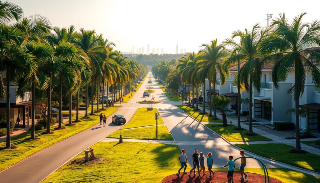 A lush, verdant residential neighborhood in Maringá, Brazil. Jardim Alvorada features neatly manicured lawns, rows of tall palm trees lining the streets, and modern single-family homes with red-tile roofs. The scene is bathed in warm, golden afternoon sunlight, casting long shadows across the well-paved roads. In the foreground, a group of children play on a nearby playground, their laughter and shouts filling the air. The middle ground showcases the neighborhood's amenities, like a community center and small shops. In the distance, the iconic silhouette of Maringá's tallest skyscrapers can be seen on the horizon, hinting at the larger city beyond this peaceful enclave. A lush, verdant residential neighborhood in Maringá, Brazil. Jardim Alvorada features neatly manicured lawns, rows of tall palm trees lining the streets, and modern single-family homes with red-tile roofs. The scene is bathed in warm, golden afternoon sunlight, casting long shadows across the well-paved roads. In the foreground, a group of children play on a nearby playground, their laughter and shouts filling the air. The middle ground showcases the neighborhood's amenities, like a community center and small shops. In the distance, the iconic silhouette of Maringá's tallest skyscrapers can be seen on the horizon, hinting at the larger city beyond this peaceful enclave.