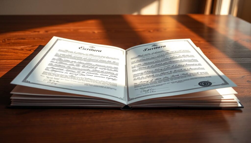 A meticulously crafted document, the real estate escritura lies open on a wooden table, illuminated by warm, natural lighting that casts gentle shadows across its crisp, official-looking pages. The intricate calligraphic script and official seals convey a sense of legal authority and authenticity, while the clean, minimalist background allows the document to take center stage. The overall composition suggests the significance and gravity of this essential real estate transaction, capturing the essence of "escritura de imóvel" in a visually compelling and informative way. A meticulously crafted document, the real estate escritura lies open on a wooden table, illuminated by warm, natural lighting that casts gentle shadows across its crisp, official-looking pages. The intricate calligraphic script and official seals convey a sense of legal authority and authenticity, while the clean, minimalist background allows the document to take center stage. The overall composition suggests the significance and gravity of this essential real estate transaction, capturing the essence of "escritura de imóvel" in a visually compelling and informative way.