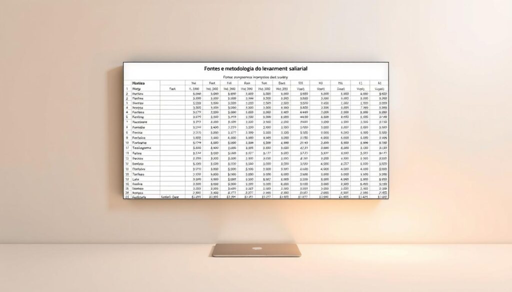 A meticulously crafted spreadsheet displayed against a clean, white background, its columns and rows neatly organized, showcasing a comprehensive salary survey data. Warm, diffused lighting highlights the elegant layout, with subtle shadows adding depth and dimension. The spreadsheet is the focal point, surrounded by a minimalist, professional setting, conveying a sense of authority and credibility. The composition is balanced, with just enough negative space to create a sense of elegance and refinement, perfectly suited to illustrate the "Fontes e metodologia do levantamento salarial" section of the article. A meticulously crafted spreadsheet displayed against a clean, white background, its columns and rows neatly organized, showcasing a comprehensive salary survey data. Warm, diffused lighting highlights the elegant layout, with subtle shadows adding depth and dimension. The spreadsheet is the focal point, surrounded by a minimalist, professional setting, conveying a sense of authority and credibility. The composition is balanced, with just enough negative space to create a sense of elegance and refinement, perfectly suited to illustrate the "Fontes e metodologia do levantamento salarial" section of the article.
