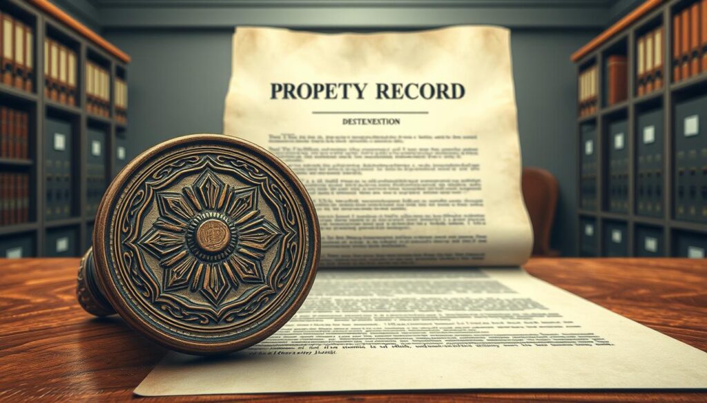 A meticulously detailed illustration of a property record document, showcasing its intricate structure and legal significance. The foreground features the document's official seal, embossed with intricate patterns, resting atop a richly textured wooden surface. The middle ground displays the document's title and key information, rendered in crisp, legible typeface against a subtly aged parchment backdrop. The background subtly hints at the legal and administrative context, with a muted, austere office setting of bookshelves and filing cabinets, conveying a sense of professionalism and authority. A meticulously detailed illustration of a property record document, showcasing its intricate structure and legal significance. The foreground features the document's official seal, embossed with intricate patterns, resting atop a richly textured wooden surface. The middle ground displays the document's title and key information, rendered in crisp, legible typeface against a subtly aged parchment backdrop. The background subtly hints at the legal and administrative context, with a muted, austere office setting of bookshelves and filing cabinets, conveying a sense of professionalism and authority.