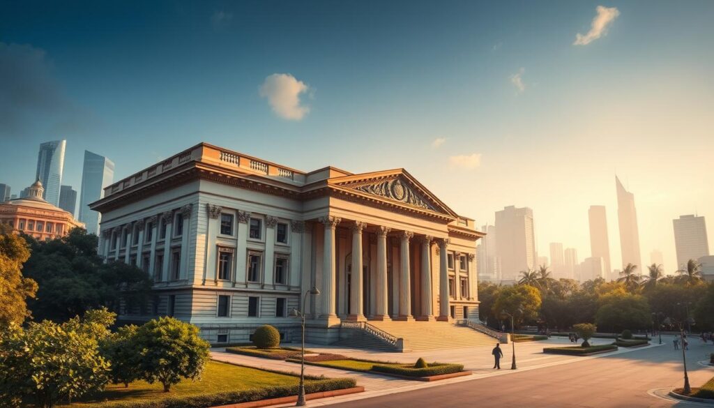 A meticulously detailed urban landscape, showcasing a stately government building with grand columns and ornate architectural details. The structure stands in the foreground, bathed in warm, golden lighting that accentuates its imposing presence. In the middle ground, lush greenery and tranquil pedestrian pathways create a sense of civic harmony. The background is filled with a bustling city skyline, with towering skyscrapers and a vibrant, hazy atmosphere, conveying the importance and centrality of this municipal institution within the urban fabric. The overall scene evokes a sense of civic pride, efficiency, and the weight of bureaucratic processes associated with the "Imposto Predial Territorial Urbano" (Urban Property Tax). A meticulously detailed urban landscape, showcasing a stately government building with grand columns and ornate architectural details. The structure stands in the foreground, bathed in warm, golden lighting that accentuates its imposing presence. In the middle ground, lush greenery and tranquil pedestrian pathways create a sense of civic harmony. The background is filled with a bustling city skyline, with towering skyscrapers and a vibrant, hazy atmosphere, conveying the importance and centrality of this municipal institution within the urban fabric. The overall scene evokes a sense of civic pride, efficiency, and the weight of bureaucratic processes associated with the "Imposto Predial Territorial Urbano" (Urban Property Tax).