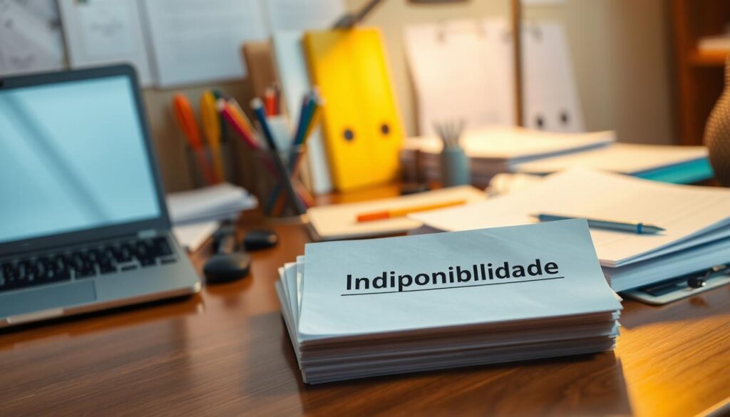 A meticulously organized office desk, its surface cluttered with important documents, files, and a laptop. The lighting is warm and diffused, casting a soft glow over the scene. In the foreground, a stack of papers labeled "Indisponibilidade" sits prominently, drawing the viewer's attention. The middle ground features various office supplies and a pen holder, suggesting the meticulous attention to detail required for the task at hand. The background is slightly blurred, highlighting the focus on the central documents. The overall atmosphere conveys a sense of diligence, professionalism, and the importance of the process of canceling the unavailability of goods. A meticulously organized office desk, its surface cluttered with important documents, files, and a laptop. The lighting is warm and diffused, casting a soft glow over the scene. In the foreground, a stack of papers labeled "Indisponibilidade" sits prominently, drawing the viewer's attention. The middle ground features various office supplies and a pen holder, suggesting the meticulous attention to detail required for the task at hand. The background is slightly blurred, highlighting the focus on the central documents. The overall atmosphere conveys a sense of diligence, professionalism, and the importance of the process of canceling the unavailability of goods.