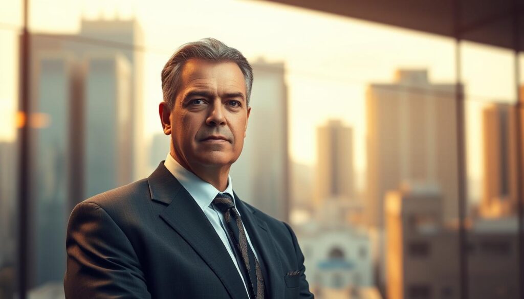 A middle-aged person standing in a formal business setting, dressed in a smart suit and tie, with an expression of seriousness and responsibility. In the background, a blurred cityscape with skyscrapers and office buildings, conveying the professional and financial context of being a guarantor in Brazil. Warm, directional lighting illuminates the subject, creating a sense of authority and gravitas. The scene is rendered with a photorealistic style, capturing the weight and importance of the role of a guarantor in the Brazilian financial system. A middle-aged person standing in a formal business setting, dressed in a smart suit and tie, with an expression of seriousness and responsibility. In the background, a blurred cityscape with skyscrapers and office buildings, conveying the professional and financial context of being a guarantor in Brazil. Warm, directional lighting illuminates the subject, creating a sense of authority and gravitas. The scene is rendered with a photorealistic style, capturing the weight and importance of the role of a guarantor in the Brazilian financial system.