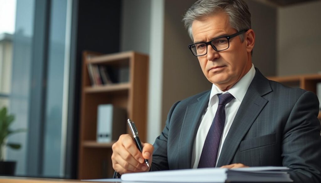 A middle-aged person standing in a formal setting, dressed in a professional suit, signing a document with a pen. The person's expression is serious, conveying the gravity of the situation. The background is blurred, but there are hints of an office environment, with a desk and shelves visible. The lighting is soft and directional, emphasizing the subject's face and the document being signed. The overall atmosphere is one of responsibility and legal obligation, reflecting the concept of being a guarantor or "avalista" in the Brazilian context. A middle-aged person standing in a formal setting, dressed in a professional suit, signing a document with a pen. The person's expression is serious, conveying the gravity of the situation. The background is blurred, but there are hints of an office environment, with a desk and shelves visible. The lighting is soft and directional, emphasizing the subject's face and the document being signed. The overall atmosphere is one of responsibility and legal obligation, reflecting the concept of being a guarantor or "avalista" in the Brazilian context.