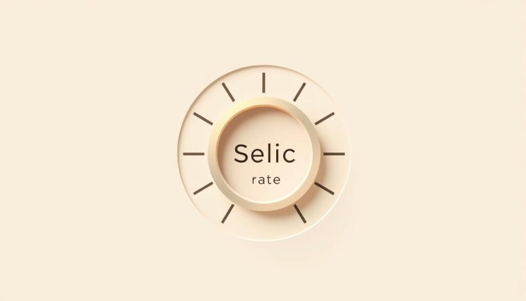 A minimalist illustration of the Selic rate, the benchmark interest rate in Brazil. A clean, elegant design with a central focus on a sleek, modern gauge or dial depicting the Selic rate in a neutral color palette. Soft, warm lighting creates a professional, financial atmosphere. The background is a simple, plain gradient or texture, allowing the central Selic rate gauge to be the primary visual element. The overall aesthetic conveys a sense of stability, precision, and the importance of the Selic rate in the Brazilian economy and real estate market. A minimalist illustration of the Selic rate, the benchmark interest rate in Brazil. A clean, elegant design with a central focus on a sleek, modern gauge or dial depicting the Selic rate in a neutral color palette. Soft, warm lighting creates a professional, financial atmosphere. The background is a simple, plain gradient or texture, allowing the central Selic rate gauge to be the primary visual element. The overall aesthetic conveys a sense of stability, precision, and the importance of the Selic rate in the Brazilian economy and real estate market.