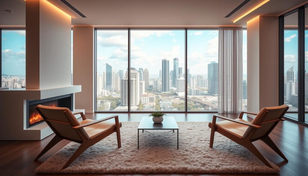 A modern and minimalist apartment interior, showcasing a sleek living room with large windows overlooking a bustling city skyline. In the foreground, a pair of elegant wooden chairs sit atop a plush area rug, facing a modern fireplace. The middle ground features a minimalist coffee table, adorned with a small potted plant. The background is dominated by a panoramic view of the city, with towering skyscrapers and a vibrant, azure sky. Warm, directional lighting illuminates the scene, creating a cozy and inviting atmosphere. The overall composition conveys a sense of balance, sophistication, and the potential for a seamless property exchange within the dynamic Brazilian real estate market. A modern and minimalist apartment interior, showcasing a sleek living room with large windows overlooking a bustling city skyline. In the foreground, a pair of elegant wooden chairs sit atop a plush area rug, facing a modern fireplace. The middle ground features a minimalist coffee table, adorned with a small potted plant. The background is dominated by a panoramic view of the city, with towering skyscrapers and a vibrant, azure sky. Warm, directional lighting illuminates the scene, creating a cozy and inviting atmosphere. The overall composition conveys a sense of balance, sophistication, and the potential for a seamless property exchange within the dynamic Brazilian real estate market.