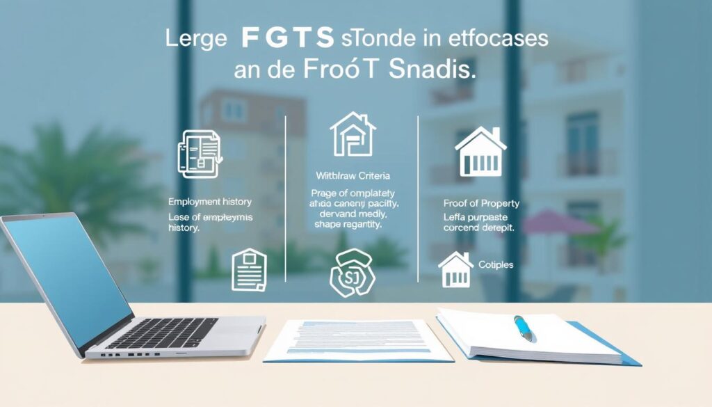 A modern and minimalist illustration showcasing the key requirements for using FGTS (Fundo de Garantia do Tempo de Serviço) to purchase a property. In the foreground, a clean, well-lit desktop setup with a laptop, documents, and a pen, symbolizing the administrative tasks involved. In the middle ground, several icons representing the essential FGTS requirements, such as employment history, withdrawal criteria, and proof of property ownership, arranged in a visually pleasing manner. The background features a softly blurred architectural scene, hinting at the final goal of purchasing a home. The overall composition should convey a sense of clarity, organization, and the steps necessary to leverage the FGTS benefit for a direct real estate purchase. A modern and minimalist illustration showcasing the key requirements for using FGTS (Fundo de Garantia do Tempo de Serviço) to purchase a property. In the foreground, a clean, well-lit desktop setup with a laptop, documents, and a pen, symbolizing the administrative tasks involved. In the middle ground, several icons representing the essential FGTS requirements, such as employment history, withdrawal criteria, and proof of property ownership, arranged in a visually pleasing manner. The background features a softly blurred architectural scene, hinting at the final goal of purchasing a home. The overall composition should convey a sense of clarity, organization, and the steps necessary to leverage the FGTS benefit for a direct real estate purchase.