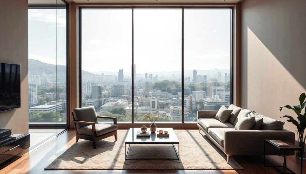 A modern and minimalist living room interior with large windows overlooking a scenic Brazilian cityscape. The room features sleek and contemporary furniture, including a comfortable sofa, armchair, and a coffee table. Soft, natural lighting filters through the windows, creating a warm and inviting atmosphere. The walls are painted in a neutral, earthy tone, complementing the wooden accents and giving the space a sense of sophistication. The overall mood is one of sophistication, comfort, and the possibility of homeownership without a hefty down payment. A modern and minimalist living room interior with large windows overlooking a scenic Brazilian cityscape. The room features sleek and contemporary furniture, including a comfortable sofa, armchair, and a coffee table. Soft, natural lighting filters through the windows, creating a warm and inviting atmosphere. The walls are painted in a neutral, earthy tone, complementing the wooden accents and giving the space a sense of sophistication. The overall mood is one of sophistication, comfort, and the possibility of homeownership without a hefty down payment.