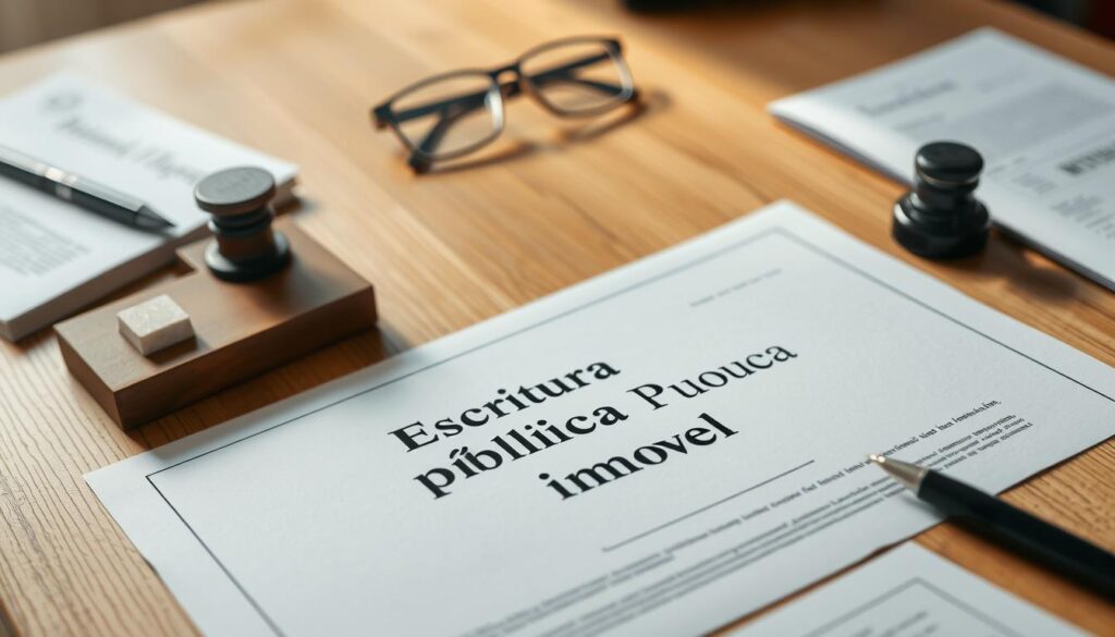 A modern and professional-looking legal document titled "Escritura Pública Imóvel" (Public Property Deed) displayed on a wooden desk, surrounded by a well-organized workspace with a pen, ink blotter, and a pair of reading glasses. The document is neatly arranged, with a clean, crisp appearance, conveying a sense of authority and authenticity. The lighting is soft and natural, creating a warm, inviting atmosphere. The angle is slightly elevated, giving the viewer a sense of importance and formality associated with this legal transaction. The overall scene evokes a sense of trust, professionalism, and the gravity of the real estate purchase process. A modern and professional-looking legal document titled "Escritura Pública Imóvel" (Public Property Deed) displayed on a wooden desk, surrounded by a well-organized workspace with a pen, ink blotter, and a pair of reading glasses. The document is neatly arranged, with a clean, crisp appearance, conveying a sense of authority and authenticity. The lighting is soft and natural, creating a warm, inviting atmosphere. The angle is slightly elevated, giving the viewer a sense of importance and formality associated with this legal transaction. The overall scene evokes a sense of trust, professionalism, and the gravity of the real estate purchase process.