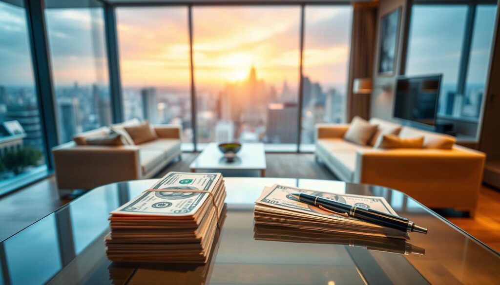 A modern and well-appointed apartment with floor-to-ceiling windows overlooking a vibrant city skyline. In the foreground, a stack of crisp bills and a pen rests on a sleek glass-topped coffee table, signifying the upfront cash payment for the property. The middle ground features a stylish and comfortable living room with minimalist furnishings, creating a sense of luxury and financial security. The background showcases the bustling urban landscape, emphasizing the prime location and investment potential of the apartment. Warm, directional lighting illuminates the scene, evoking a sense of prosperity and contentment. The overall composition conveys the advantages of a cash purchase - no mortgage, no interest, and complete ownership of the asset. A modern and well-appointed apartment with floor-to-ceiling windows overlooking a vibrant city skyline. In the foreground, a stack of crisp bills and a pen rests on a sleek glass-topped coffee table, signifying the upfront cash payment for the property. The middle ground features a stylish and comfortable living room with minimalist furnishings, creating a sense of luxury and financial security. The background showcases the bustling urban landscape, emphasizing the prime location and investment potential of the apartment. Warm, directional lighting illuminates the scene, evoking a sense of prosperity and contentment. The overall composition conveys the advantages of a cash purchase - no mortgage, no interest, and complete ownership of the asset.