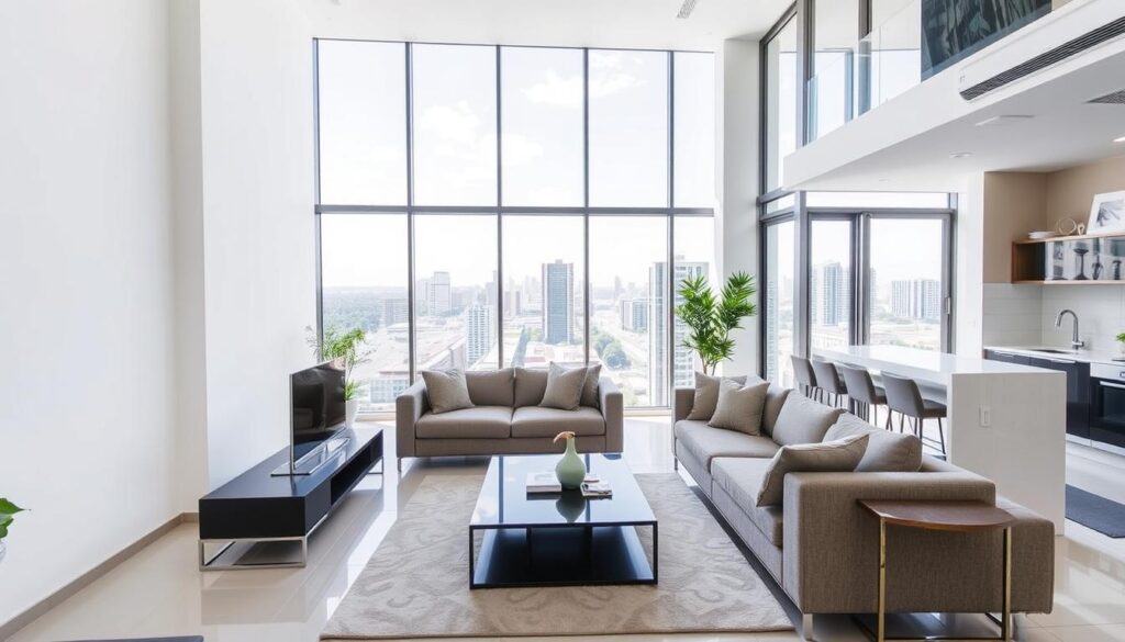 A modern and well-appointed furnished apartment in Maringá, Brazil. The spacious living room features floor-to-ceiling windows that flood the space with natural light, accentuating the sleek, minimalist furniture and neutral color palette. A cozy seating arrangement is positioned to take advantage of the picturesque city view outside. The kitchen, visible in the background, is equipped with high-end appliances and ample counter space, perfect for the aspiring chef. Overall, the apartment exudes a sense of comfort, convenience, and sophistication, showcasing the advantages of choosing a furnished rental in Maringá. A modern and well-appointed furnished apartment in Maringá, Brazil. The spacious living room features floor-to-ceiling windows that flood the space with natural light, accentuating the sleek, minimalist furniture and neutral color palette. A cozy seating arrangement is positioned to take advantage of the picturesque city view outside. The kitchen, visible in the background, is equipped with high-end appliances and ample counter space, perfect for the aspiring chef. Overall, the apartment exudes a sense of comfort, convenience, and sophistication, showcasing the advantages of choosing a furnished rental in Maringá.
