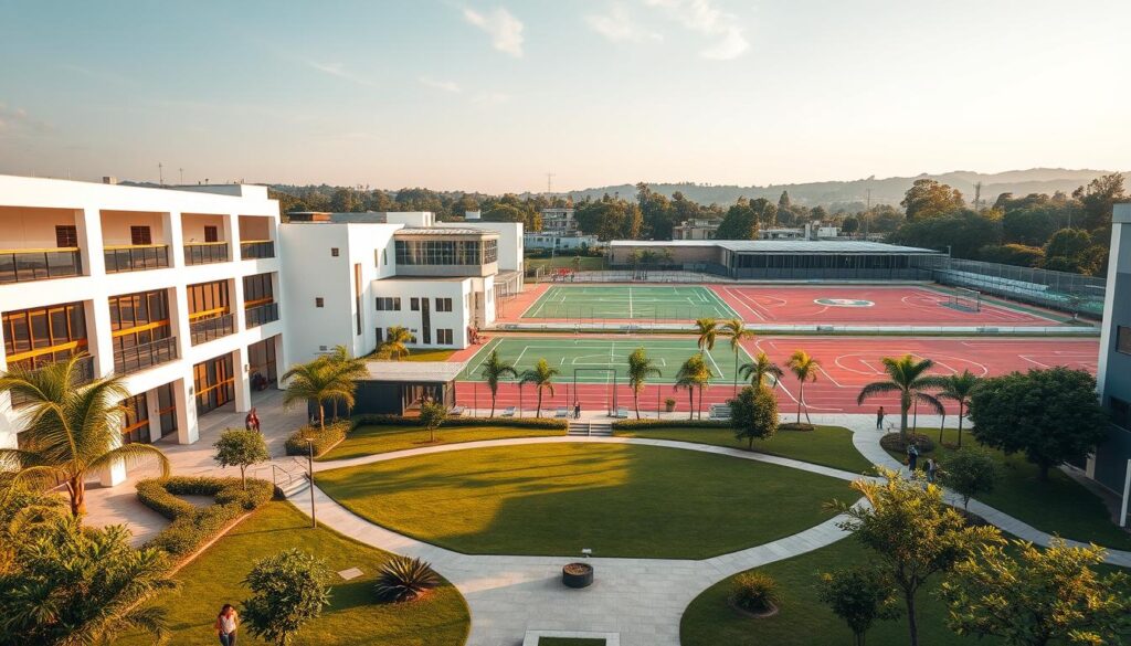 A modern and well-equipped school campus nestled in the vibrant city of Maringá, Brazil. In the foreground, a spacious courtyard with neatly manicured lawns and lush greenery, inviting students to gather and socialize. Surrounding the courtyard, a series of two-story buildings with clean, minimalist architecture, their large windows flooding the interiors with natural light. In the middle ground, a state-of-the-art science lab with advanced equipment, where students engage in hands-on experiments. Further back, a sprawling sports complex with a soccer field, basketball courts, and a running track, allowing for a well-rounded education. The entire scene is bathed in warm, golden hues, conveying a sense of productivity and educational excellence. A modern and well-equipped school campus nestled in the vibrant city of Maringá, Brazil. In the foreground, a spacious courtyard with neatly manicured lawns and lush greenery, inviting students to gather and socialize. Surrounding the courtyard, a series of two-story buildings with clean, minimalist architecture, their large windows flooding the interiors with natural light. In the middle ground, a state-of-the-art science lab with advanced equipment, where students engage in hands-on experiments. Further back, a sprawling sports complex with a soccer field, basketball courts, and a running track, allowing for a well-rounded education. The entire scene is bathed in warm, golden hues, conveying a sense of productivity and educational excellence.