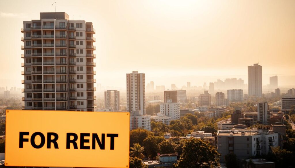 A modern apartment building against a cityscape backdrop, showcasing the current rental landscape in Brazil. The foreground features a "FOR RENT" sign in bold text, conveying the prevalence of rental options. The middle ground showcases the architectural diversity of the city, with a mix of high-rise buildings and smaller residential structures. The background is dominated by a hazy, sun-drenched skyline, evoking a sense of growth and change. The lighting is warm and inviting, creating a mood of contemplation and consideration of the rent-versus-buy decision. The overall composition emphasizes the current state of the real estate market, encouraging the viewer to ponder the factors influencing the choice between renting and purchasing a property. A modern apartment building against a cityscape backdrop, showcasing the current rental landscape in Brazil. The foreground features a "FOR RENT" sign in bold text, conveying the prevalence of rental options. The middle ground showcases the architectural diversity of the city, with a mix of high-rise buildings and smaller residential structures. The background is dominated by a hazy, sun-drenched skyline, evoking a sense of growth and change. The lighting is warm and inviting, creating a mood of contemplation and consideration of the rent-versus-buy decision. The overall composition emphasizes the current state of the real estate market, encouraging the viewer to ponder the factors influencing the choice between renting and purchasing a property.