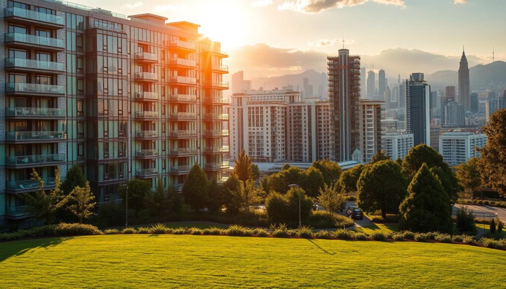 A modern apartment building, its facade adorned with intricate architectural details, stands proud against a backdrop of a vibrant, bustling city skyline. The sun casts a warm, golden glow, illuminating the sleek glass and steel surfaces, creating a sense of value and opulence. In the foreground, a well-manicured lawn and meticulously landscaped gardens frame the scene, suggesting the property's high-end status and desirability. The image conveys the idea of "valor venal" - the notion that the property's worth is inextricably linked to its perceived market value, a key concept in the calculation of the IPTU (property tax) in the article's subject. A modern apartment building, its facade adorned with intricate architectural details, stands proud against a backdrop of a vibrant, bustling city skyline. The sun casts a warm, golden glow, illuminating the sleek glass and steel surfaces, creating a sense of value and opulence. In the foreground, a well-manicured lawn and meticulously landscaped gardens frame the scene, suggesting the property's high-end status and desirability. The image conveys the idea of "valor venal" - the notion that the property's worth is inextricably linked to its perceived market value, a key concept in the calculation of the IPTU (property tax) in the article's subject.