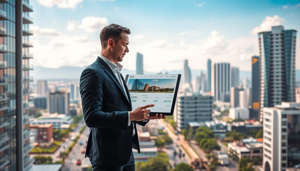 A modern apartment building set against a backdrop of a bustling Brazilian cityscape. The foreground features a real estate agent or appraiser standing in front of a large touchscreen display, carefully analyzing property data and pricing information. The middle ground showcases a selection of property listings and transaction details, while the background depicts the vibrant urban landscape with towering skyscrapers, busy streets, and people going about their daily lives. The lighting is warm and natural, creating a professional yet inviting atmosphere. The composition emphasizes the importance of accurately pricing a property to align with current market conditions in Brazil. A modern apartment building set against a backdrop of a bustling Brazilian cityscape. The foreground features a real estate agent or appraiser standing in front of a large touchscreen display, carefully analyzing property data and pricing information. The middle ground showcases a selection of property listings and transaction details, while the background depicts the vibrant urban landscape with towering skyscrapers, busy streets, and people going about their daily lives. The lighting is warm and natural, creating a professional yet inviting atmosphere. The composition emphasizes the importance of accurately pricing a property to align with current market conditions in Brazil.
