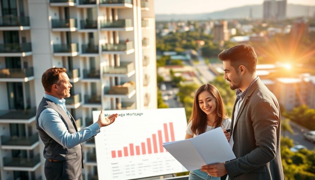 A modern apartment building with a sleek, contemporary design, bathed in warm sunlight. In the foreground, a financial advisor stands, gesturing towards a financial diagram projected on a screen. The middle ground features a young couple, smiling and engaged, as they review mortgage documents. The background showcases the vibrant city of Maringá, with its lush greenery and bustling streets. The lighting is soft and inviting, conveying a sense of financial security and the benefits of real estate investment. The overall atmosphere is one of optimism, trust, and the promise of a bright financial future. A modern apartment building with a sleek, contemporary design, bathed in warm sunlight. In the foreground, a financial advisor stands, gesturing towards a financial diagram projected on a screen. The middle ground features a young couple, smiling and engaged, as they review mortgage documents. The background showcases the vibrant city of Maringá, with its lush greenery and bustling streets. The lighting is soft and inviting, conveying a sense of financial security and the benefits of real estate investment. The overall atmosphere is one of optimism, trust, and the promise of a bright financial future.
