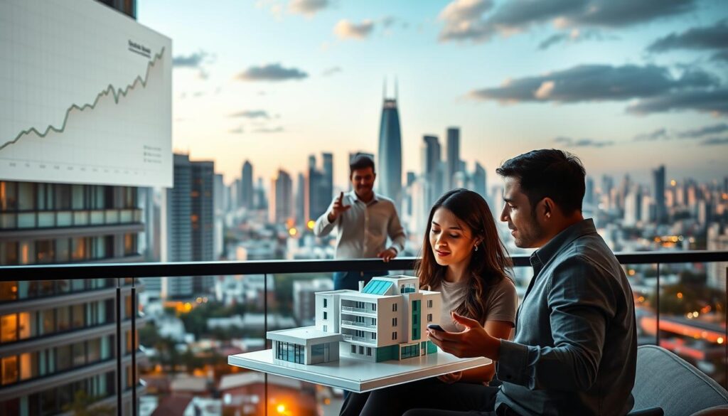 A modern apartment building with a sleek, contemporary design, set against a backdrop of a vibrant city skyline. The foreground features a couple reviewing loan documents, surrounded by financial charts and graphs projected onto the walls, conveying the intricacies of a 100% property financing arrangement. Warm, soft lighting illuminates the scene, creating an atmosphere of professionalism and financial security. The middle ground showcases a real estate agent gesturing towards a 3D model of the property, emphasizing the accessibility and transparency of the financing process. In the background, towering skyscrapers and a bustling urban landscape reflect the dynamic growth of the Brazilian real estate market. A modern apartment building with a sleek, contemporary design, set against a backdrop of a vibrant city skyline. The foreground features a couple reviewing loan documents, surrounded by financial charts and graphs projected onto the walls, conveying the intricacies of a 100% property financing arrangement. Warm, soft lighting illuminates the scene, creating an atmosphere of professionalism and financial security. The middle ground showcases a real estate agent gesturing towards a 3D model of the property, emphasizing the accessibility and transparency of the financing process. In the background, towering skyscrapers and a bustling urban landscape reflect the dynamic growth of the Brazilian real estate market.
