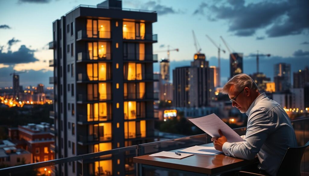 A modern apartment building with clean lines and large windows, set against a city skyline with skyscrapers and cranes in the distance. The building is illuminated by warm, golden lighting that casts a cozy, inviting atmosphere. In the foreground, a financial advisor sits at a desk, reviewing paperwork and discussing details of a home loan with a prospective homeowner. The scene conveys a sense of professionalism, trust, and the excitement of taking the first steps toward homeownership. A modern apartment building with clean lines and large windows, set against a city skyline with skyscrapers and cranes in the distance. The building is illuminated by warm, golden lighting that casts a cozy, inviting atmosphere. In the foreground, a financial advisor sits at a desk, reviewing paperwork and discussing details of a home loan with a prospective homeowner. The scene conveys a sense of professionalism, trust, and the excitement of taking the first steps toward homeownership.