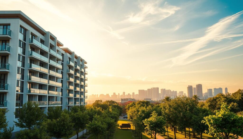 A modern apartment building with clean, minimalist architecture stands prominently in the foreground. The structure features a mix of glass, steel, and concrete, bathed in warm, golden sunlight filtering through wispy clouds. In the middle ground, rows of neatly manicured trees and lush landscaping surround the building, creating a serene, park-like setting. In the distant background, the skyline of a vibrant city skyline rises, hinting at the urban context. The overall scene conveys a sense of financial security, comfortable living, and the role of the FGTS (Fundo de Garantia do Tempo de Serviço) in facilitating affordable housing. A modern apartment building with clean, minimalist architecture stands prominently in the foreground. The structure features a mix of glass, steel, and concrete, bathed in warm, golden sunlight filtering through wispy clouds. In the middle ground, rows of neatly manicured trees and lush landscaping surround the building, creating a serene, park-like setting. In the distant background, the skyline of a vibrant city skyline rises, hinting at the urban context. The overall scene conveys a sense of financial security, comfortable living, and the role of the FGTS (Fundo de Garantia do Tempo de Serviço) in facilitating affordable housing.