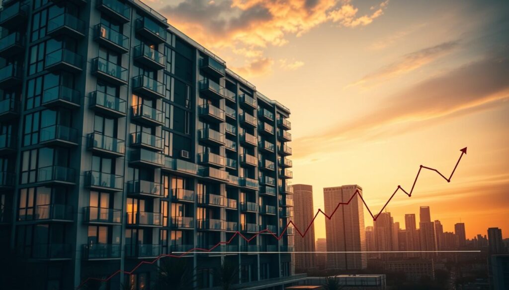 A modern apartment building with sleek, contemporary architecture stands against a backdrop of a vibrant city skyline. In the foreground, a graph depicting fluctuating interest rates and mortgage financing costs is displayed, reflecting the current financial landscape for real estate investments. The scene is illuminated by warm, directional lighting, casting dramatic shadows and highlights that enhance the sense of depth and atmosphere. The overall mood conveys a thoughtful, analytical perspective on the evolving real estate market and its implications for prospective homebuyers. A modern apartment building with sleek, contemporary architecture stands against a backdrop of a vibrant city skyline. In the foreground, a graph depicting fluctuating interest rates and mortgage financing costs is displayed, reflecting the current financial landscape for real estate investments. The scene is illuminated by warm, directional lighting, casting dramatic shadows and highlights that enhance the sense of depth and atmosphere. The overall mood conveys a thoughtful, analytical perspective on the evolving real estate market and its implications for prospective homebuyers.