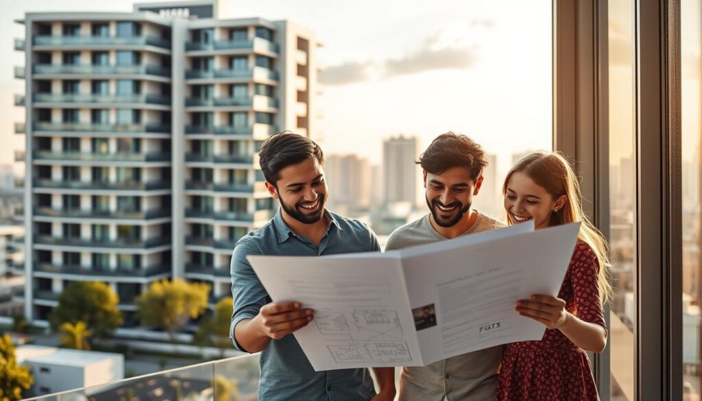 A modern apartment building with sleek, minimalist design stands against a backdrop of a vibrant cityscape. In the foreground, a young family, their faces filled with excitement, examines the floor plans and documents related to their FGTS (Fundo de Garantia do Tempo de Serviço) withdrawal, used to facilitate the purchase of their new home. Warm, natural lighting filters through large windows, creating a sense of openness and optimism. The scene conveys the joy and financial empowerment associated with using one's FGTS savings to achieve the dream of homeownership. A modern apartment building with sleek, minimalist design stands against a backdrop of a vibrant cityscape. In the foreground, a young family, their faces filled with excitement, examines the floor plans and documents related to their FGTS (Fundo de Garantia do Tempo de Serviço) withdrawal, used to facilitate the purchase of their new home. Warm, natural lighting filters through large windows, creating a sense of openness and optimism. The scene conveys the joy and financial empowerment associated with using one's FGTS savings to achieve the dream of homeownership.
