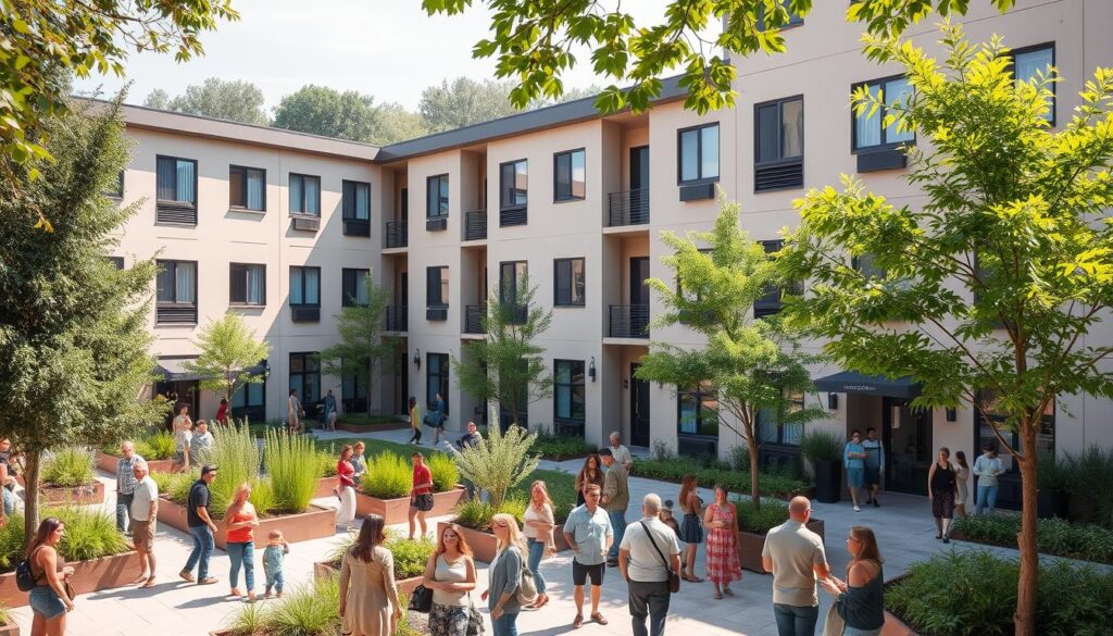 A modern apartment complex with a lush green landscaped courtyard, featuring simple yet elegant buildings with a mix of contemporary and traditional architectural elements. The front facade showcases clean lines, large windows, and a warm color palette of earthy tones. People of diverse ages and backgrounds gather in the shared outdoor spaces, enjoying the community atmosphere. Sunlight filters through the trees, casting soft shadows across the scene. An overall sense of comfort, accessibility, and vibrant community life permeates the image. A modern apartment complex with a lush green landscaped courtyard, featuring simple yet elegant buildings with a mix of contemporary and traditional architectural elements. The front facade showcases clean lines, large windows, and a warm color palette of earthy tones. People of diverse ages and backgrounds gather in the shared outdoor spaces, enjoying the community atmosphere. Sunlight filters through the trees, casting soft shadows across the scene. An overall sense of comfort, accessibility, and vibrant community life permeates the image.