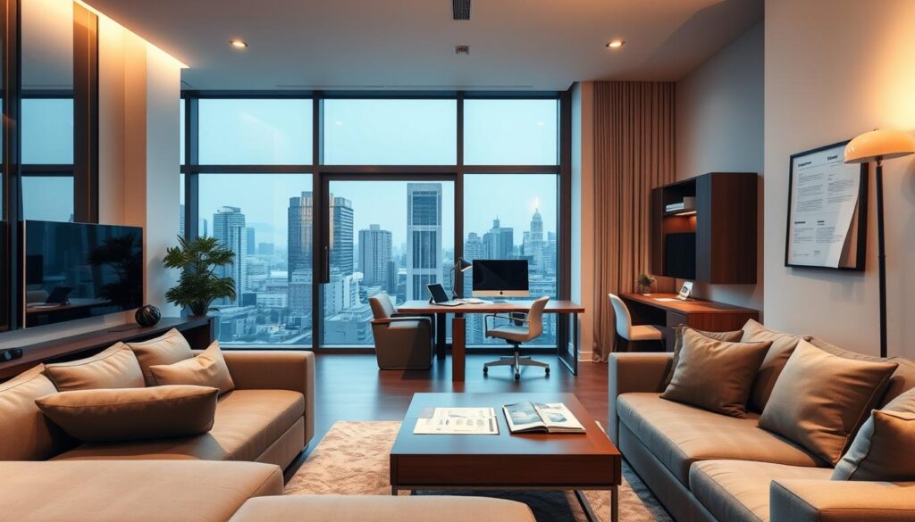 A modern apartment interior with a sleek, minimalist design. The foreground features a couch, coffee table, and other living room furniture, all in neutral tones. In the middle ground, a large window overlooks a cityscape, allowing natural light to flood the space. The background showcases a neatly organized home office area, with a desk, computer, and various documents related to FGTS and real estate transactions. The lighting is warm and inviting, creating a comfortable and productive atmosphere. The overall composition conveys a sense of organization, financial responsibility, and the ability to make informed decisions about home ownership and the use of FGTS funds. A modern apartment interior with a sleek, minimalist design. The foreground features a couch, coffee table, and other living room furniture, all in neutral tones. In the middle ground, a large window overlooks a cityscape, allowing natural light to flood the space. The background showcases a neatly organized home office area, with a desk, computer, and various documents related to FGTS and real estate transactions. The lighting is warm and inviting, creating a comfortable and productive atmosphere. The overall composition conveys a sense of organization, financial responsibility, and the ability to make informed decisions about home ownership and the use of FGTS funds.