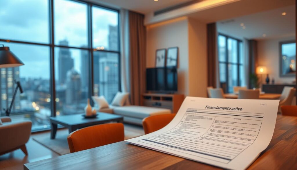 A modern apartment interior with an active mortgage document prominently displayed on a wooden desk. The lighting is warm and inviting, creating a cozy atmosphere. The apartment features large windows overlooking a bustling city skyline, suggesting the financial status of the homeowner. The document is well-organized, with carefully filled-out forms and a sense of financial responsibility. The overall scene conveys the concept of "financiamento ativo" or an active mortgage, alluding to the ability to use FGTS (Fundo de Garantia do Tempo de Serviço) for the purchase of another property, despite already owning a home. A modern apartment interior with an active mortgage document prominently displayed on a wooden desk. The lighting is warm and inviting, creating a cozy atmosphere. The apartment features large windows overlooking a bustling city skyline, suggesting the financial status of the homeowner. The document is well-organized, with carefully filled-out forms and a sense of financial responsibility. The overall scene conveys the concept of "financiamento ativo" or an active mortgage, alluding to the ability to use FGTS (Fundo de Garantia do Tempo de Serviço) for the purchase of another property, despite already owning a home.