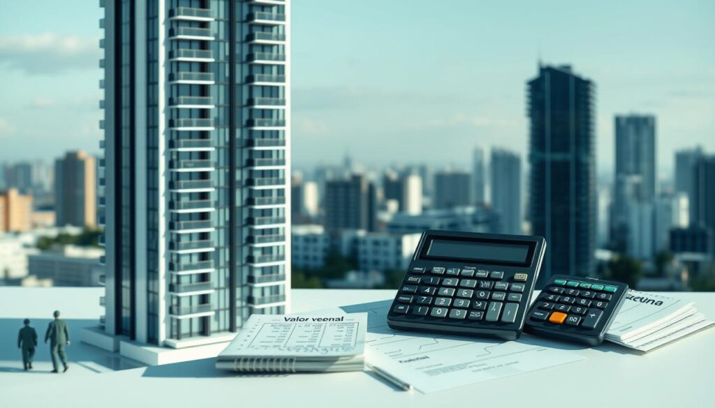 A modern architectural rendering showcasing the contrast between the tangible market value and the abstract notion of property tax assessment. In the foreground, a sleek, contemporary apartment building stands proud, its clean lines and gleaming glass facade reflecting the true worth of the real estate. In the middle ground, a financial ledger and calculator symbolize the meticulous calculations involved in determining the "valor venal", or taxable value. The background features a cityscape, hinting at the broader economic and regulatory context that shapes these crucial property valuations. The lighting is crisp, with dramatic shadows highlighting the interplay between the physical and the fiscal. The overall mood conveys a sense of precision, balance, and the subtle complexities inherent in navigating the realm of property taxation. A modern architectural rendering showcasing the contrast between the tangible market value and the abstract notion of property tax assessment. In the foreground, a sleek, contemporary apartment building stands proud, its clean lines and gleaming glass facade reflecting the true worth of the real estate. In the middle ground, a financial ledger and calculator symbolize the meticulous calculations involved in determining the "valor venal", or taxable value. The background features a cityscape, hinting at the broader economic and regulatory context that shapes these crucial property valuations. The lighting is crisp, with dramatic shadows highlighting the interplay between the physical and the fiscal. The overall mood conveys a sense of precision, balance, and the subtle complexities inherent in navigating the realm of property taxation.